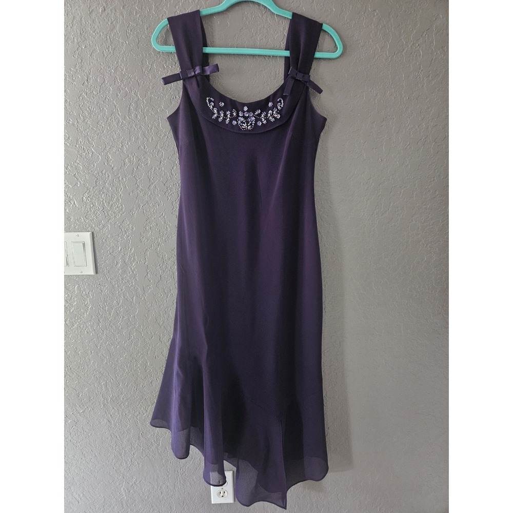 K Studio Vtg Y2K Purple Chiffon Asymmetric Dress Rhinestone Bow Summer Wedding